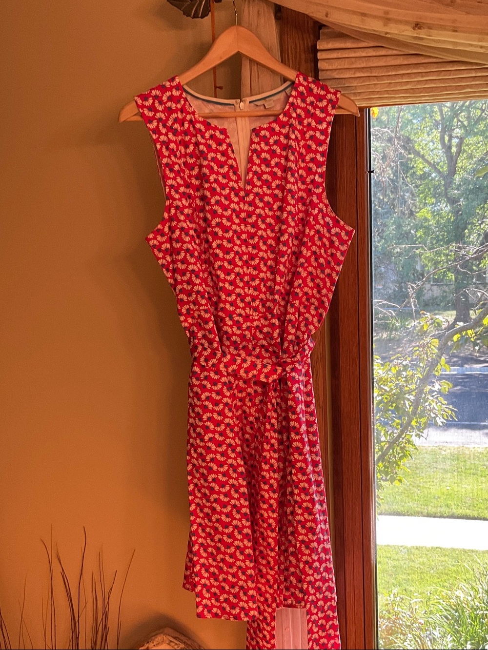 Boden Red Print sleeveless tie waist dress 14 R US